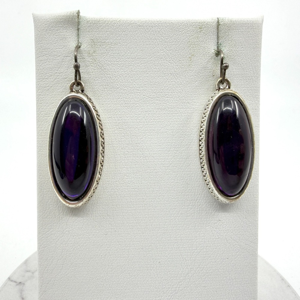 Vintage Style Silver Tone Oval Deep Purple Cabochon Drop Earrings Classic Gift